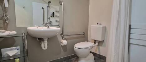 Un baño moderno con lavabo, inodoro y ducha.