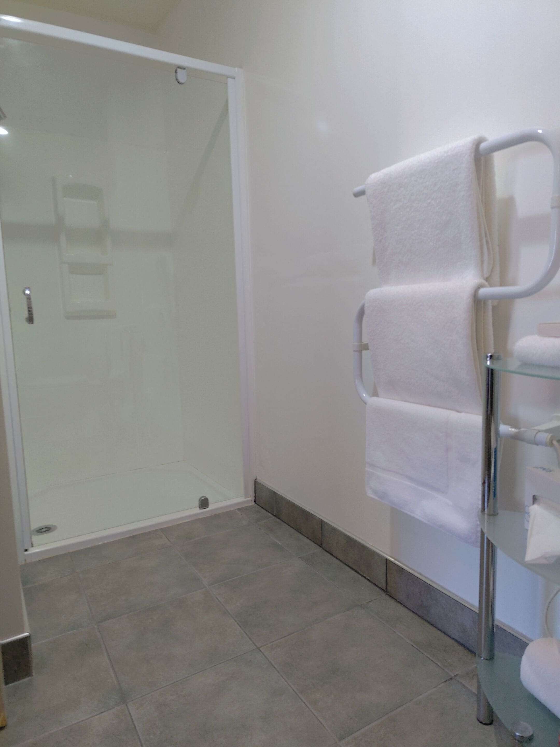 A bathroom with a glass shower enclosure, a white towel rack, and a tiled floor.