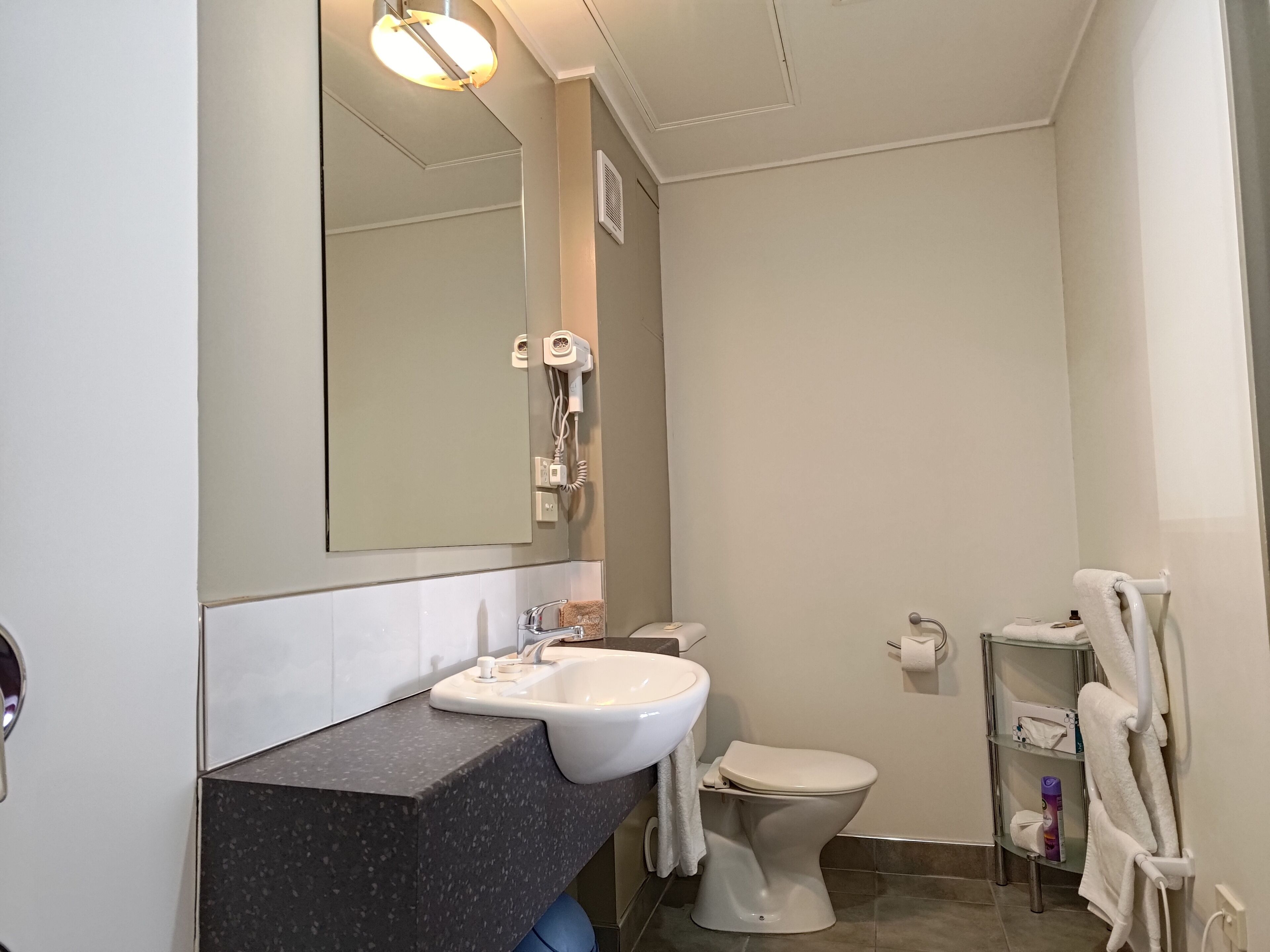 Een badkamer met een wastafel, spiegel, toilet en handdoekrek.