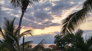 Una entrada cerrada con palmeras, un sendero de tierra y vista al mar al atardecer.