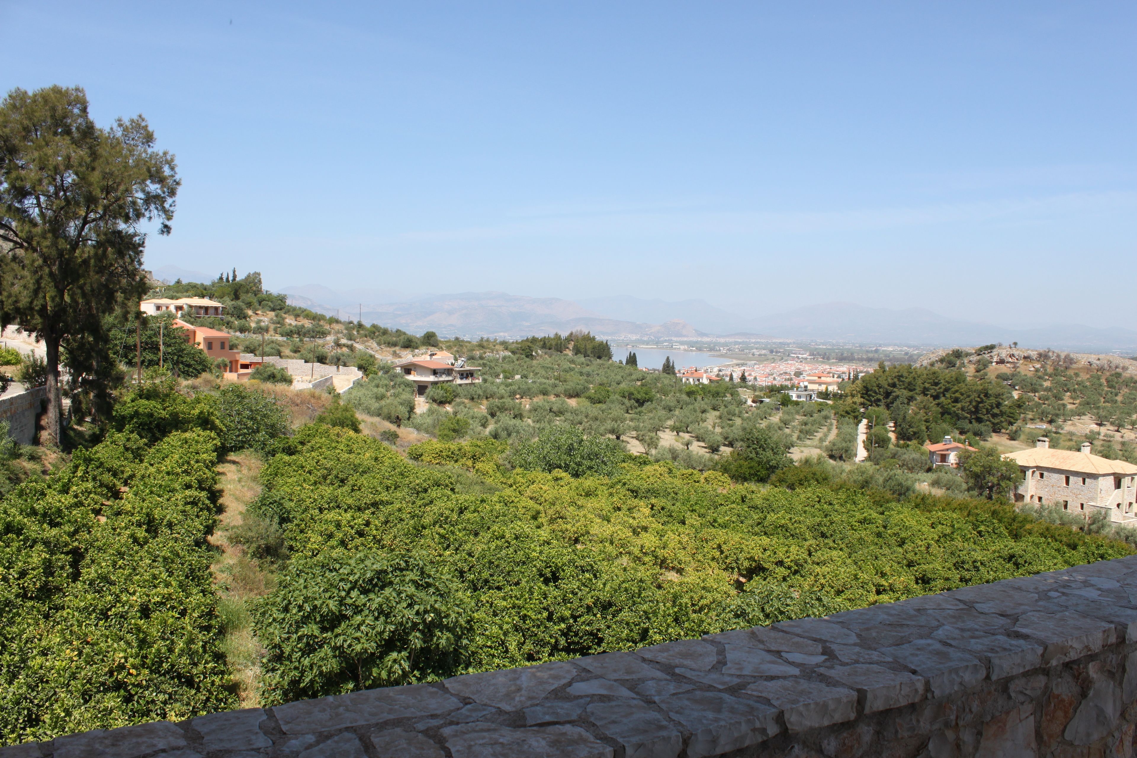 A hillside view with buildings, trees, and a distant cityscape.