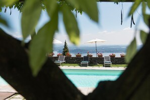 Outdoor pool, open 9:00 AM to 8:00 PM, pool umbrellas, pool loungers