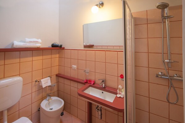 A bathroom with a toilet, sink, and shower. - Bed & Breakfast Casa Mariuccia (Massino Visconti)