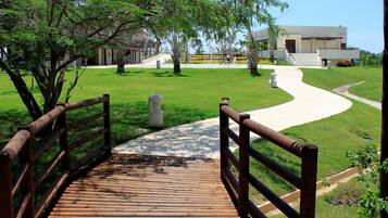 A wooden bridge leading to a modern building with a white exterior and a curved pathway.