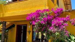 A yellow building with a tiled roof, a balcony with pink bougainvillea, and a small garden area with various plants. - Guest House Villa 2 Santos (Porto Seguro)