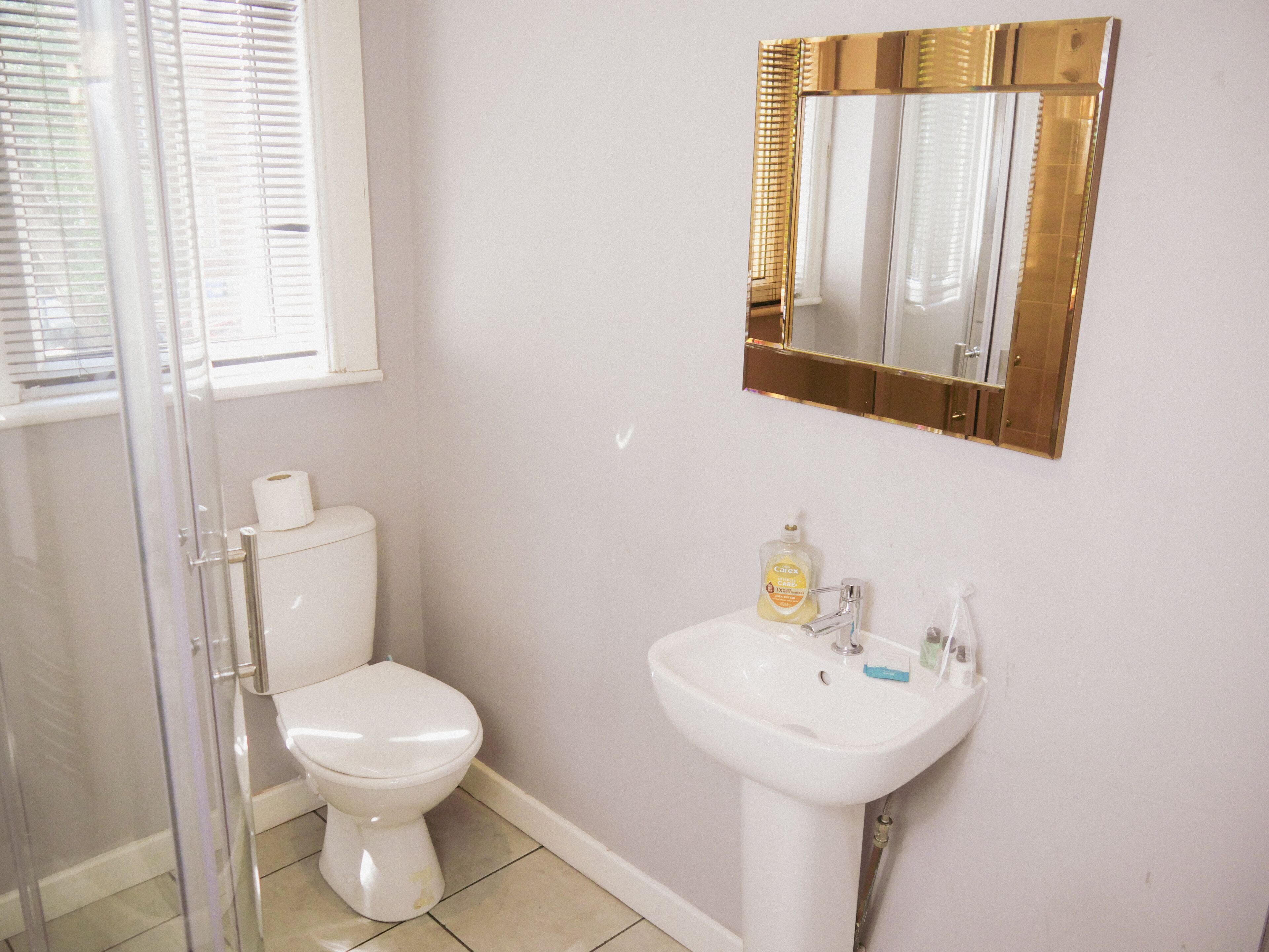 A bathroom with a toilet, a sink, and a mirror.