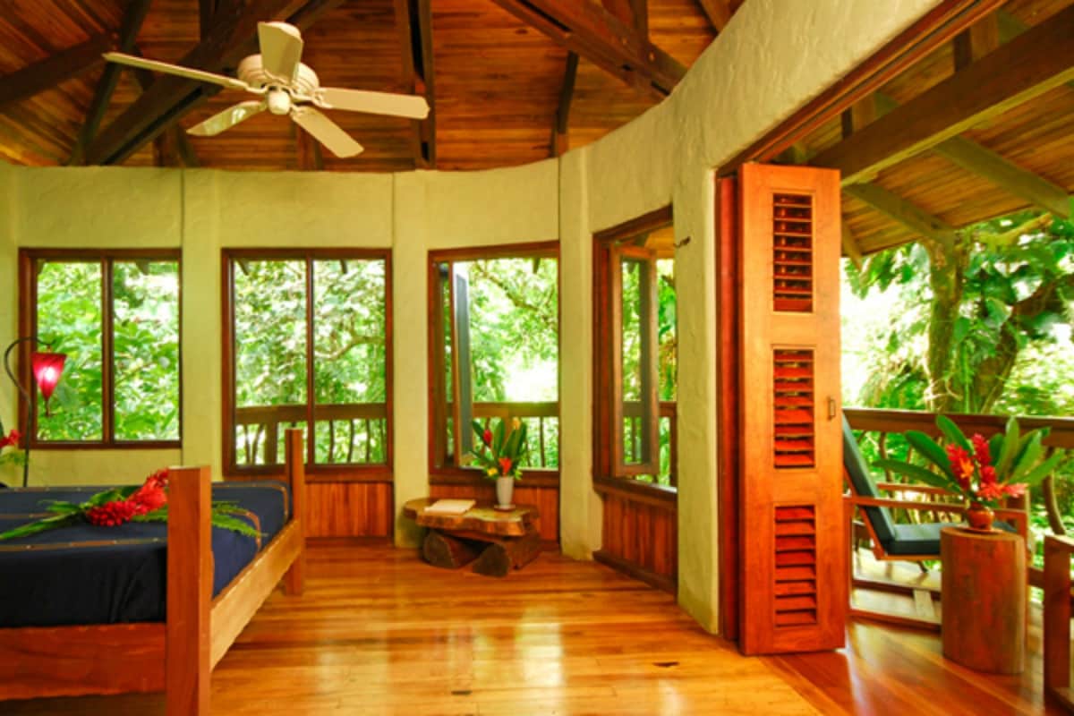 A room with a bed, a ceiling fan, large windows, and a view of the outdoors.