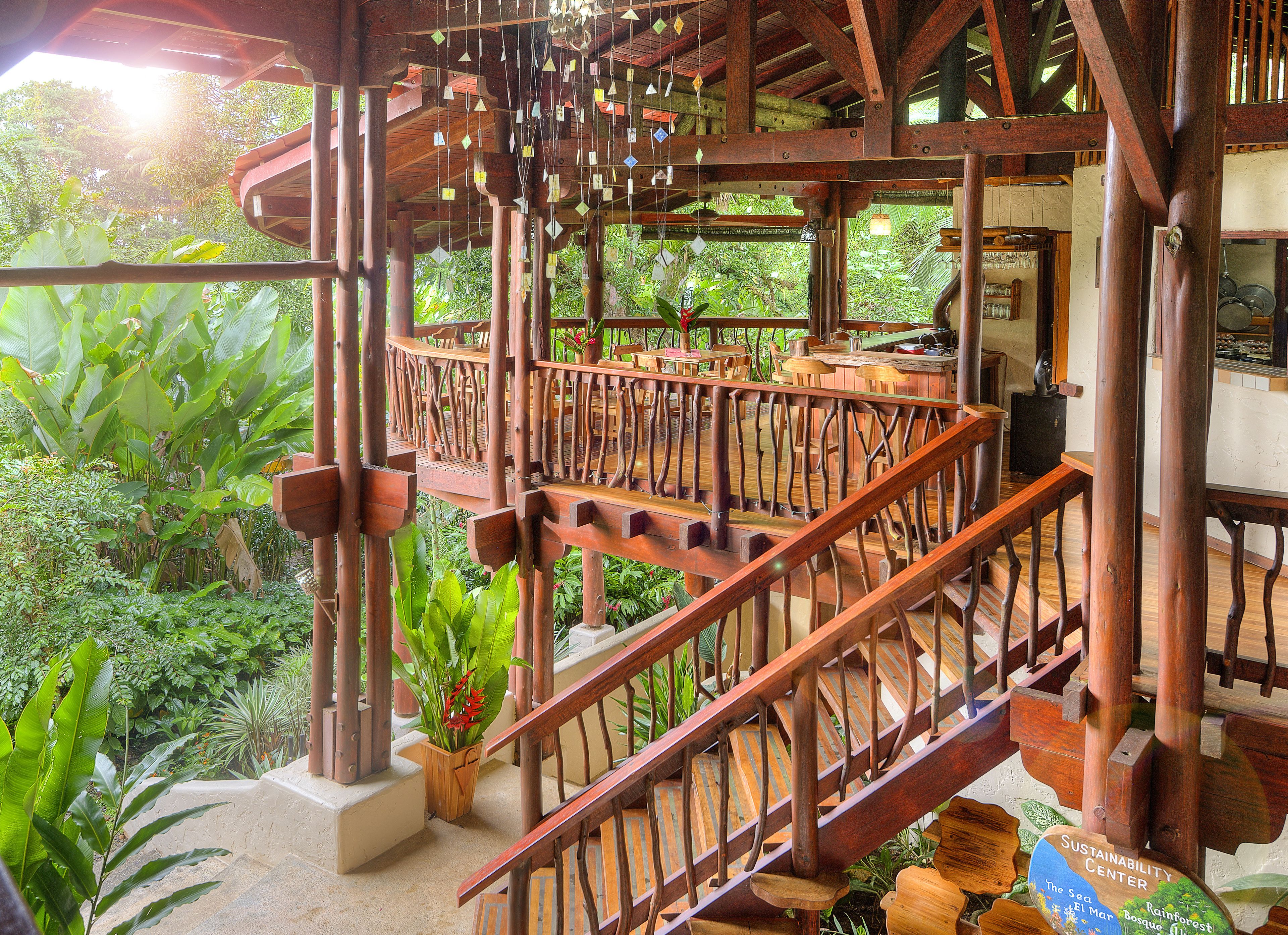 A wooden staircase with a view of lush greenery outside.