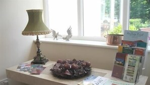 Een vensterbank met een lamp, decoratieve vogeltjes en een stapel tijdschriften.