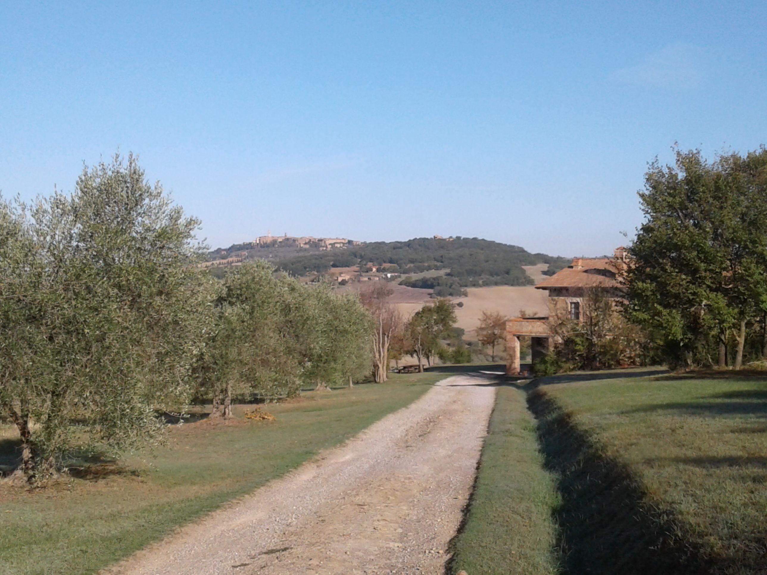 Un chemin de campagne menant à une maison en pierre avec un toit de tuiles, entourée d’arbres et de champs.