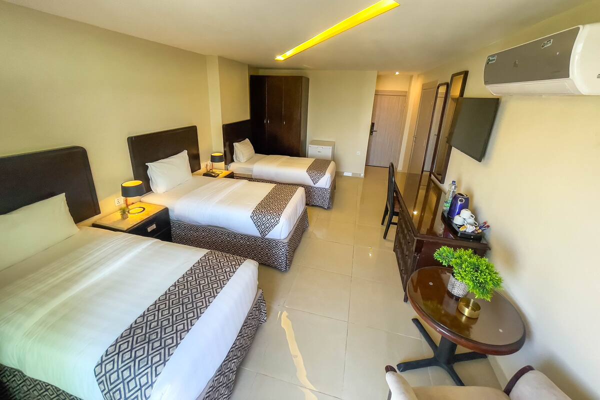A hotel room with two beds, a desk, a chair, a TV, and a potted plant.