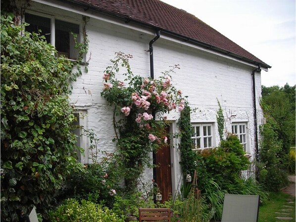 A white house with a wooden door, surrounded by lush greenery and pink flowers. - Splatthayes B&B (Honiton)