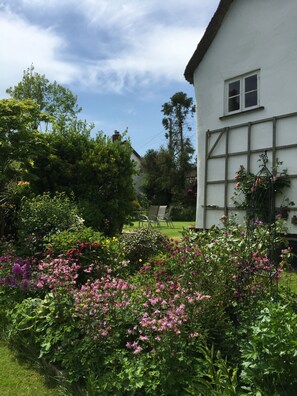 A white building with a window and a garden with various flowers. - Splatthayes B&B (Honiton)