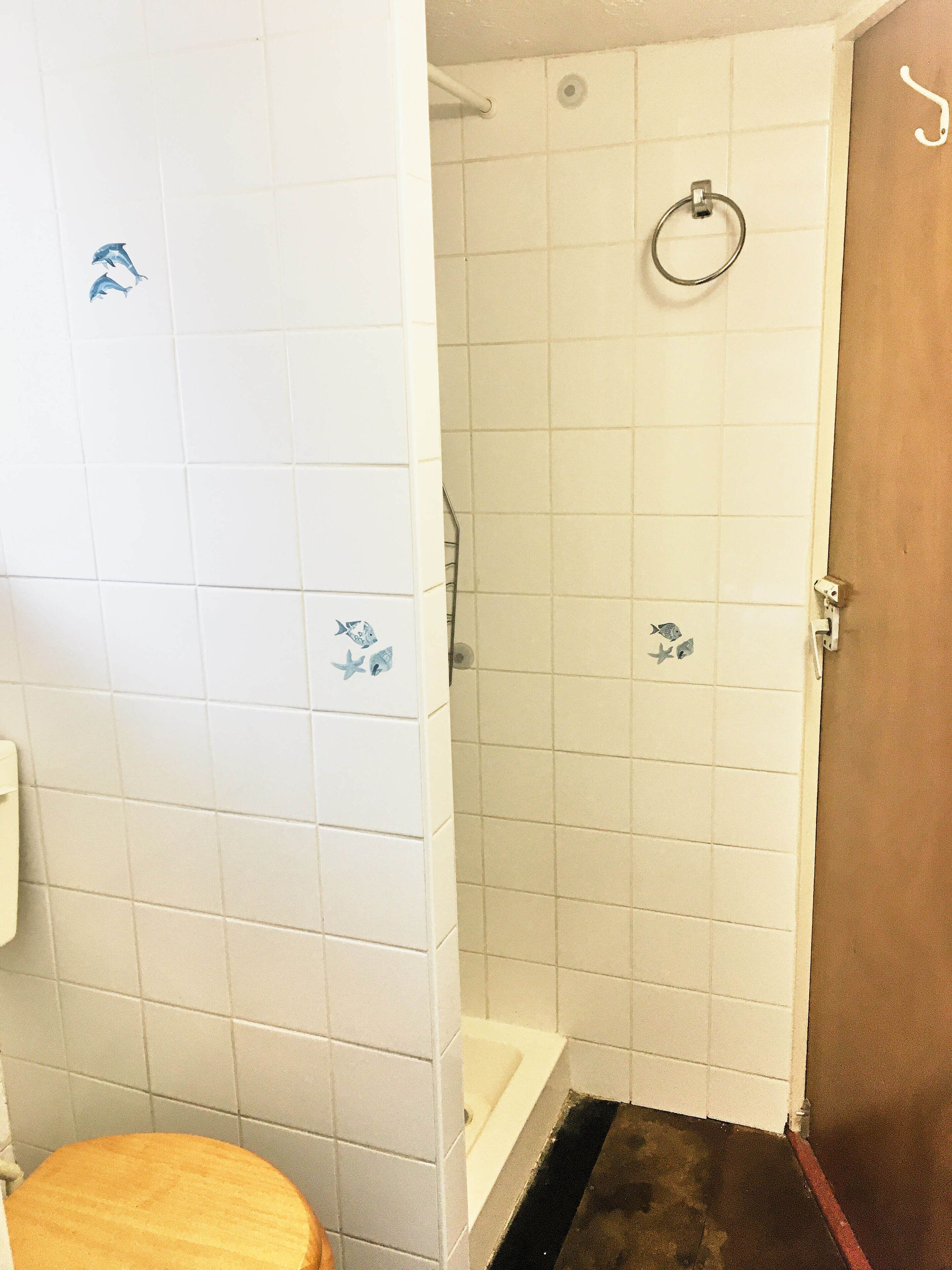 Un bagno con pareti piastrellate di bianco, un water in legno, una doccia con anello metallico e una porta con maniglia.