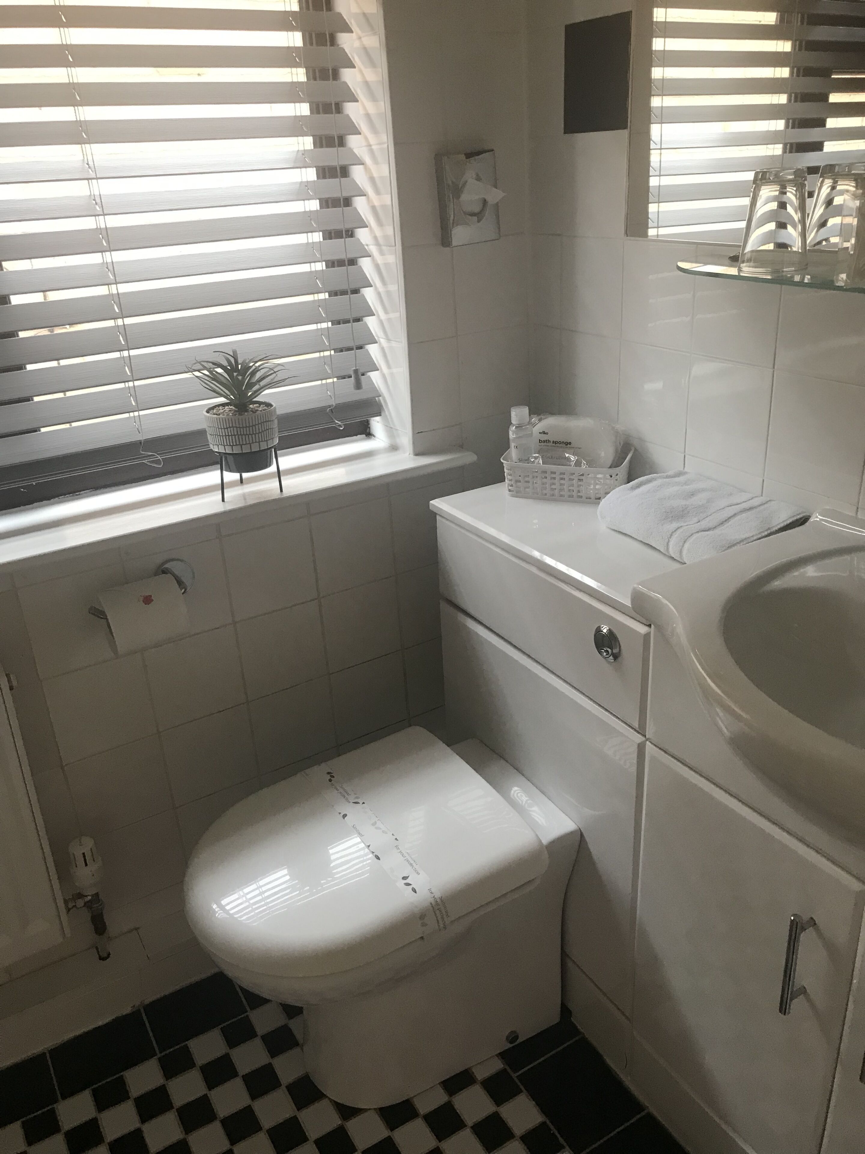 A bathroom with a toilet, sink, and window with blinds.