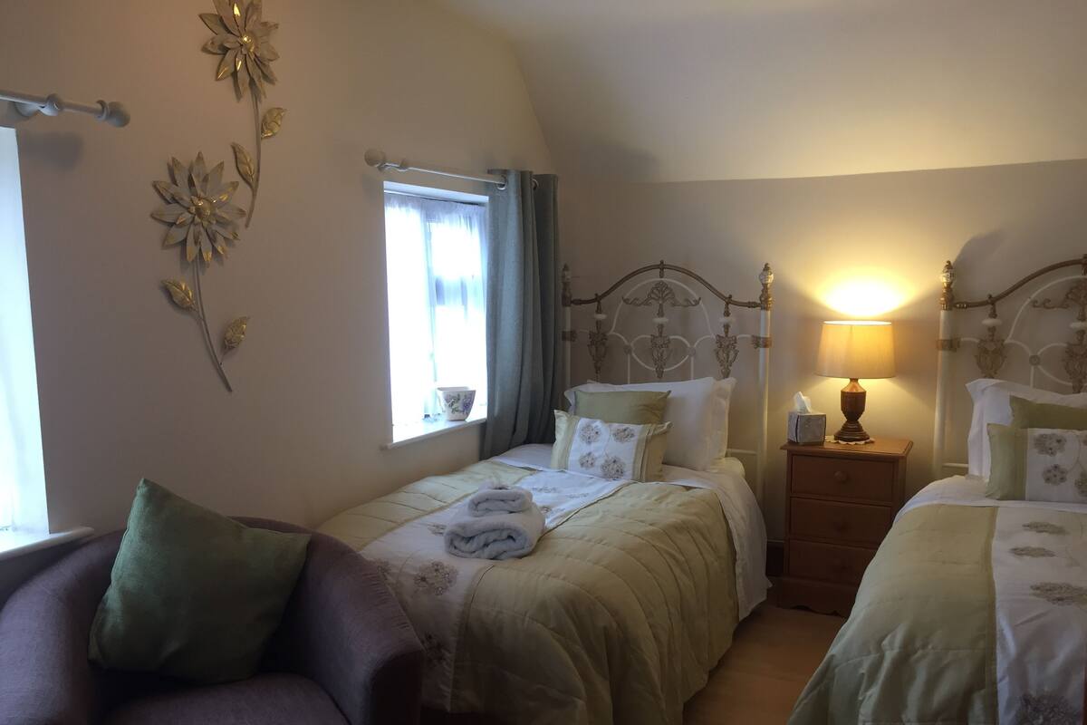 Un dormitorio con dos camas, una mesita de noche con lámpara, una silla y decoración en la pared.