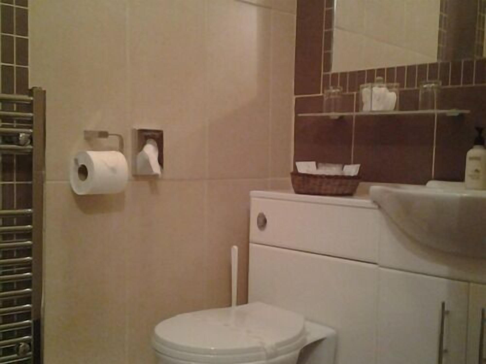 A bathroom with a toilet, a sink, and a mirror. There are two rolls of toilet paper on the wall.