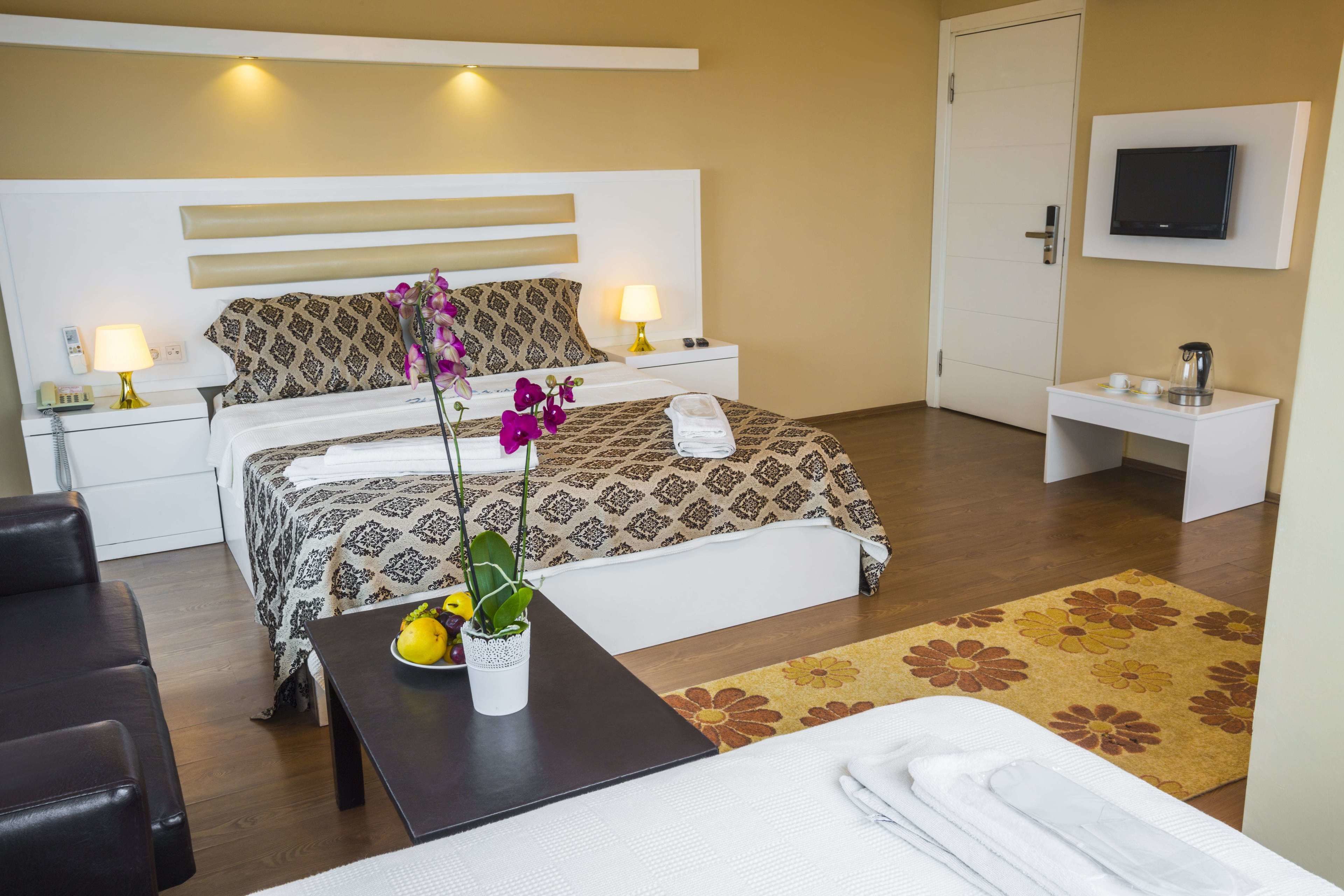 A hotel room with a bed, bedside tables, a TV, and a small table with a plant and fruit.