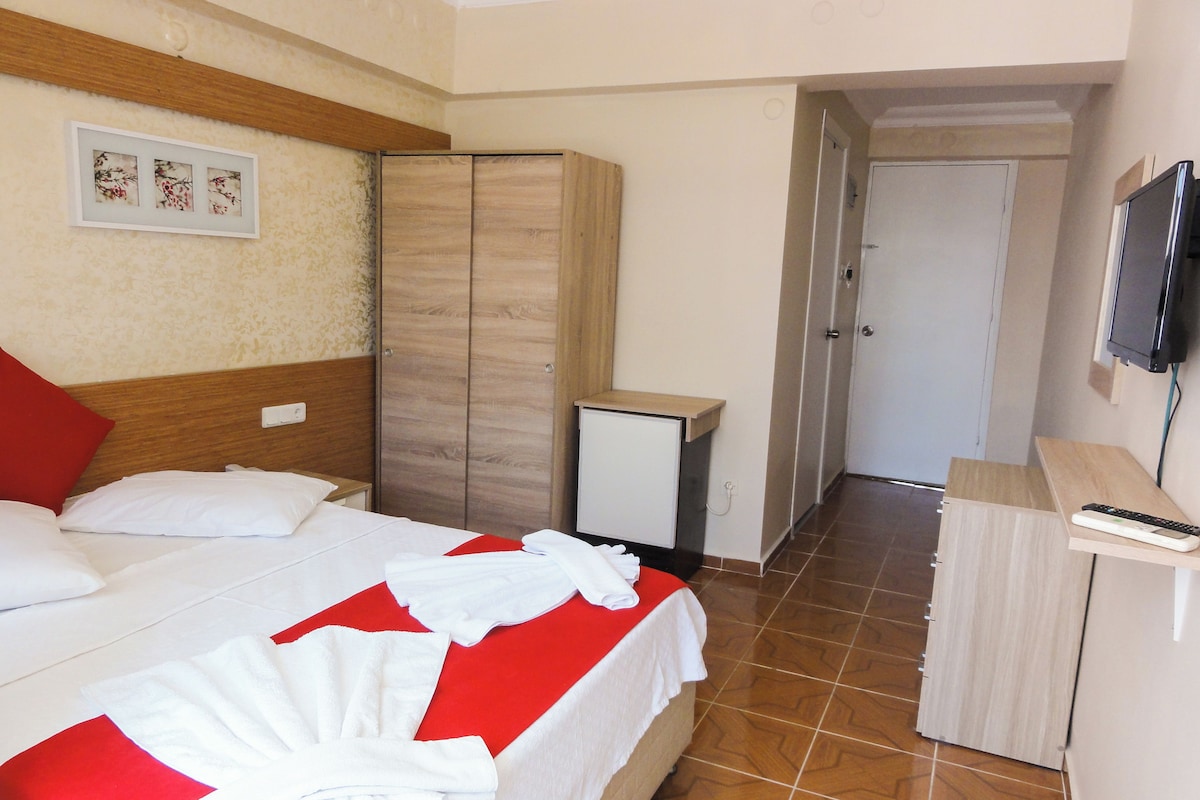 A hotel room with a bed, a wardrobe, a small TV, and a desk with a remote control.