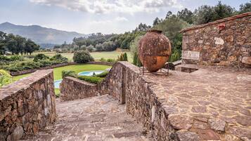 Pátio de pedra com um vaso grande, uma piscina e vista para uma paisagem verde.