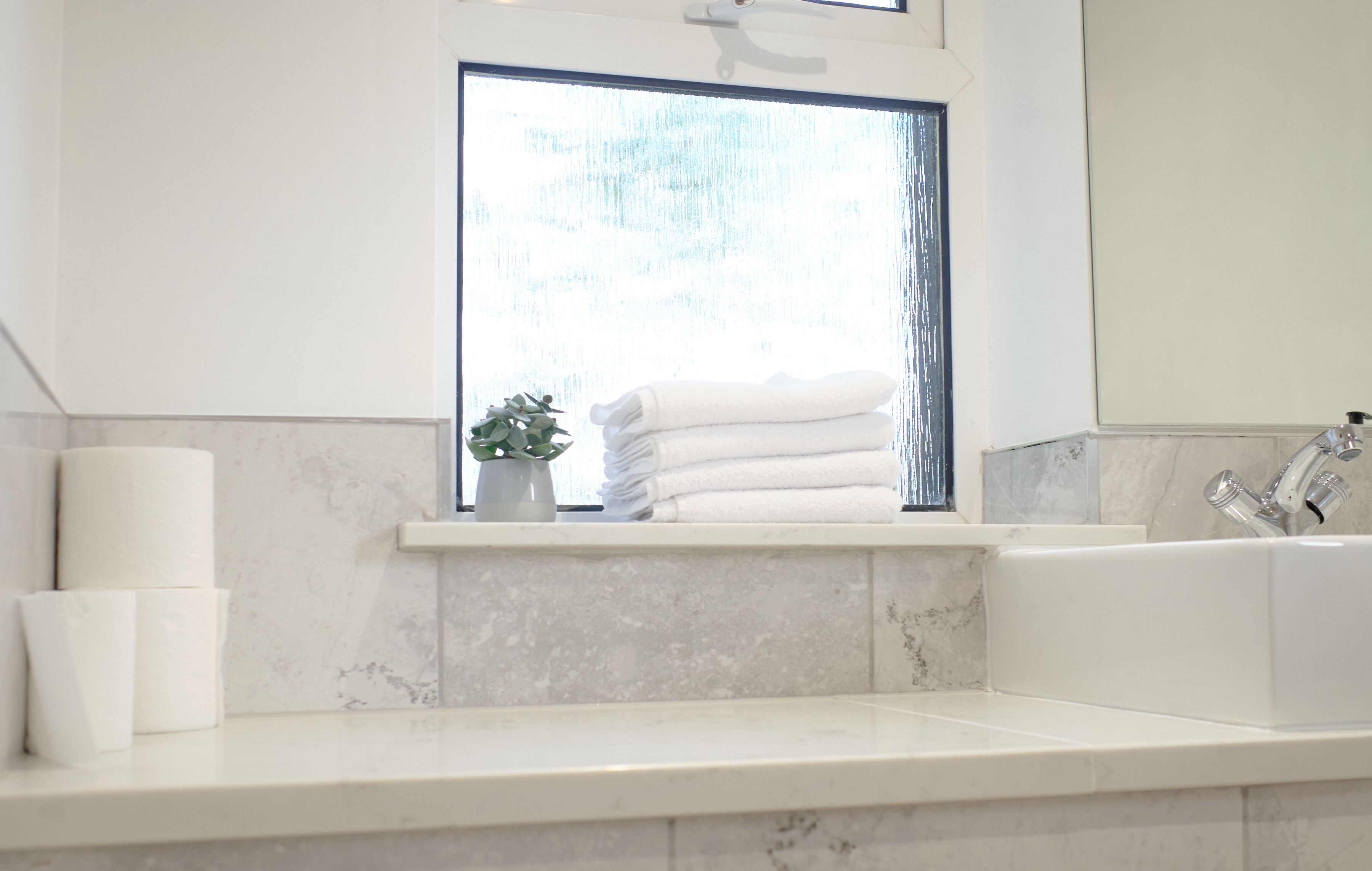 A bathroom with a sink, a window with a view, and a plant on the windowsill.