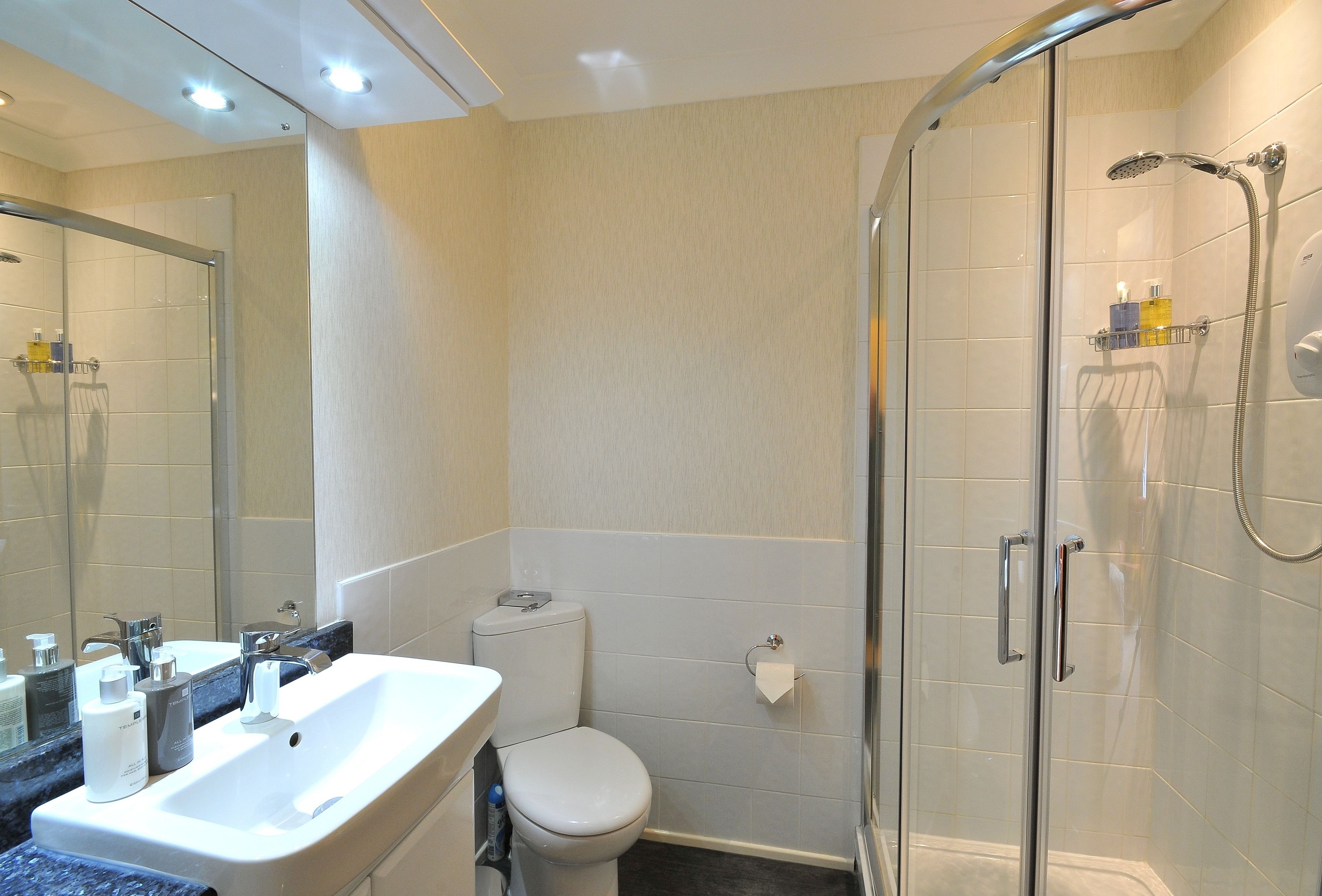 A modern bathroom with a glass shower enclosure, a white sink, and a toilet.