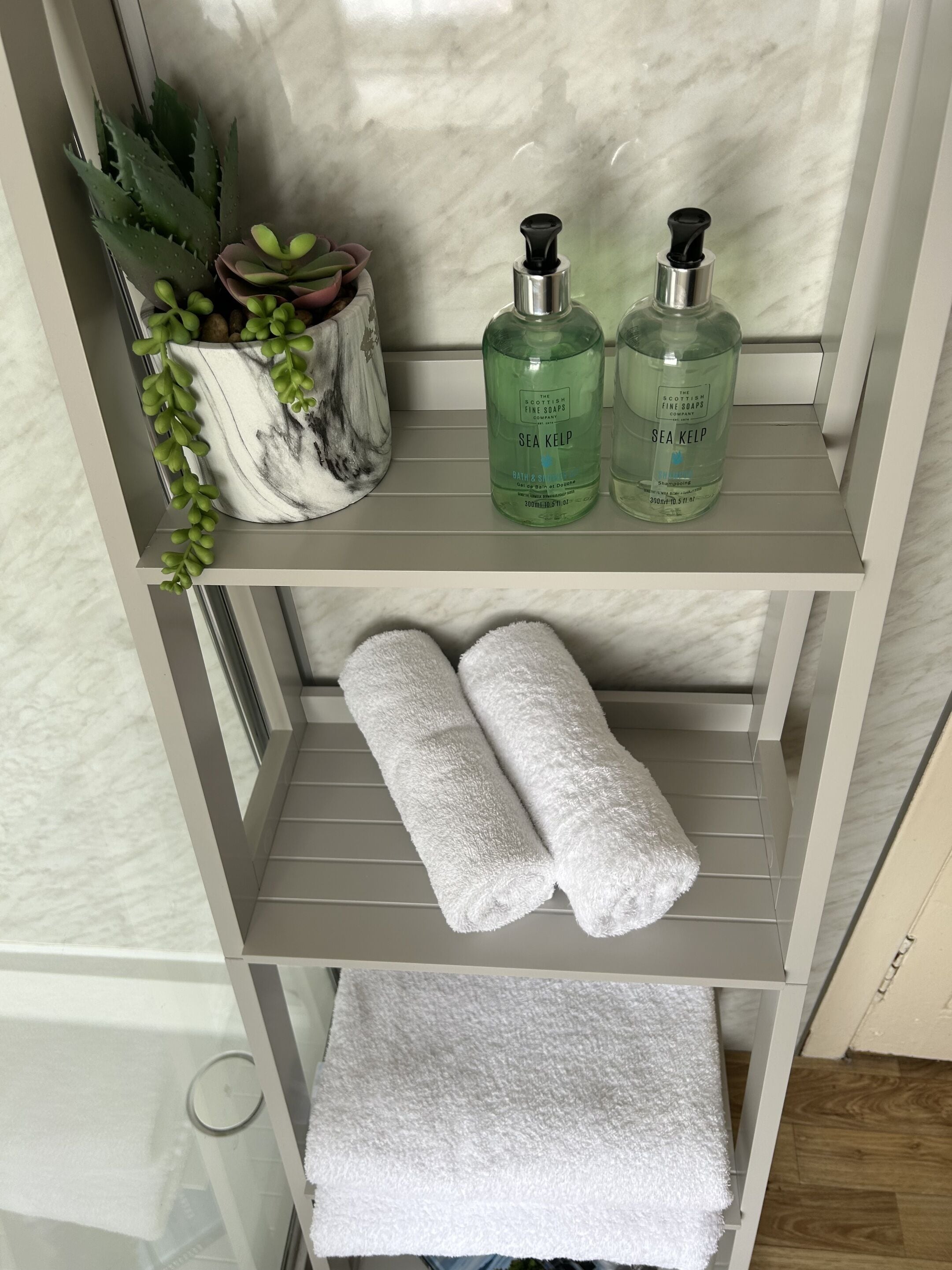 A bathroom shelf with a potted plant, two bottles of Sea Kelp bath and shower gel, and two rolled towels.