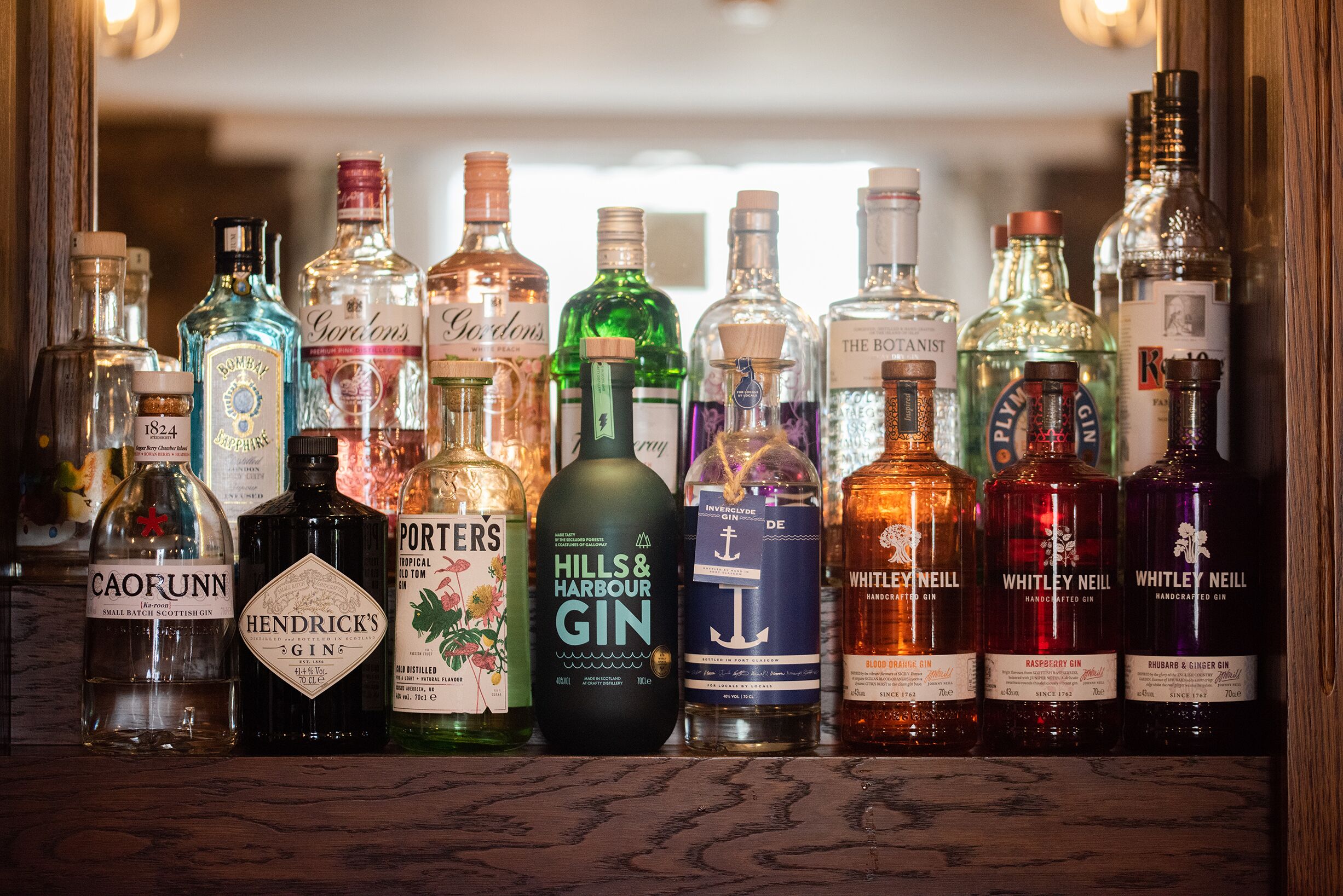 A variety of gin bottles displayed on a shelf.