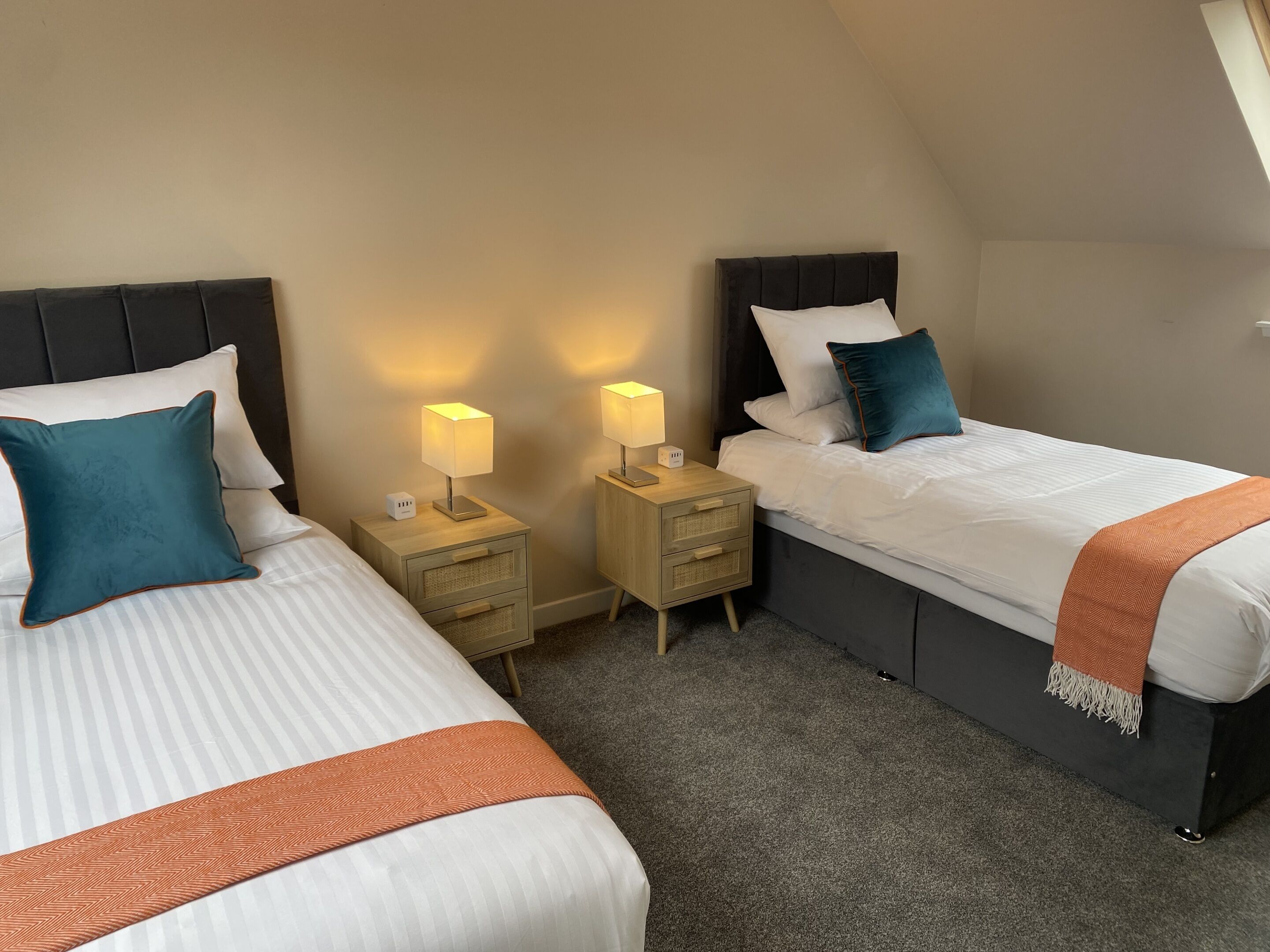 A hotel room with two beds, each with a nightstand, a lamp, and a power outlet. The room has a carpeted floor and a plain wall.
