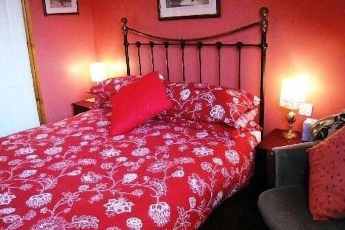 A bed with a floral bedspread, a red pillow, and two bedside lamps.