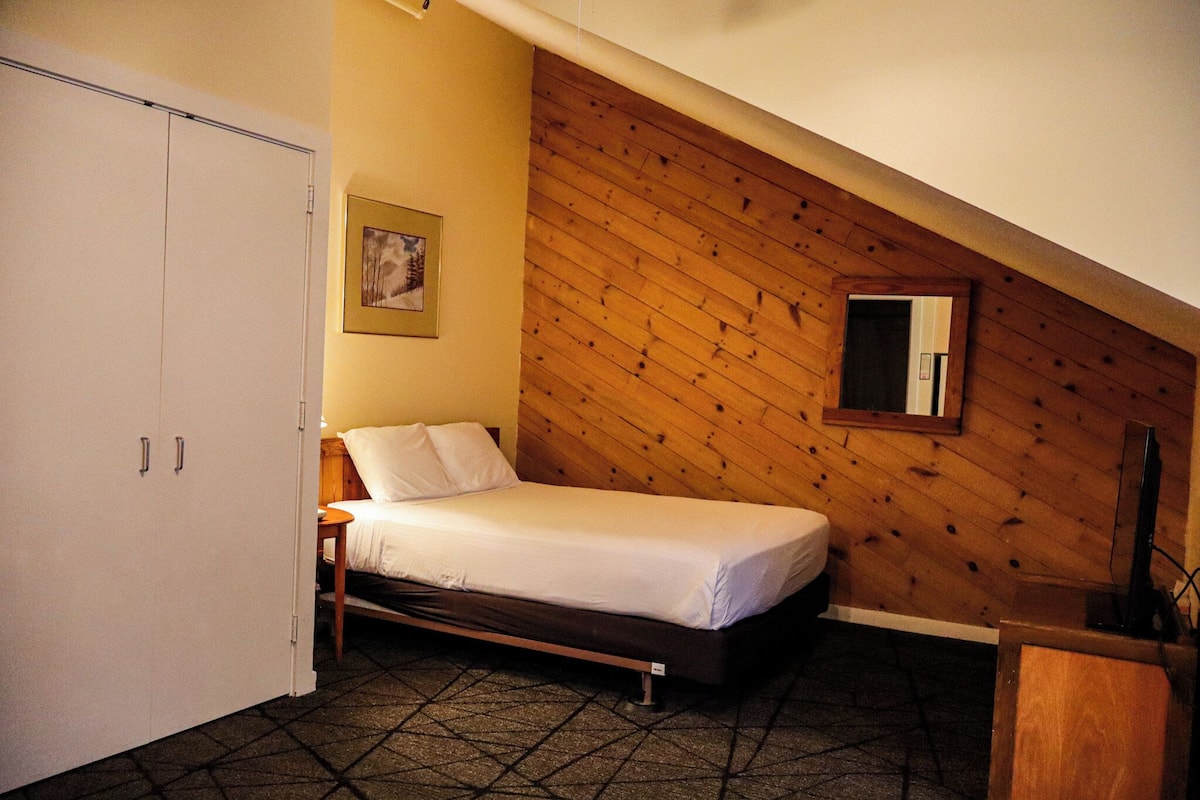 A bedroom with a bed, a wardrobe, a framed picture on the wall, and a wooden sloped ceiling.