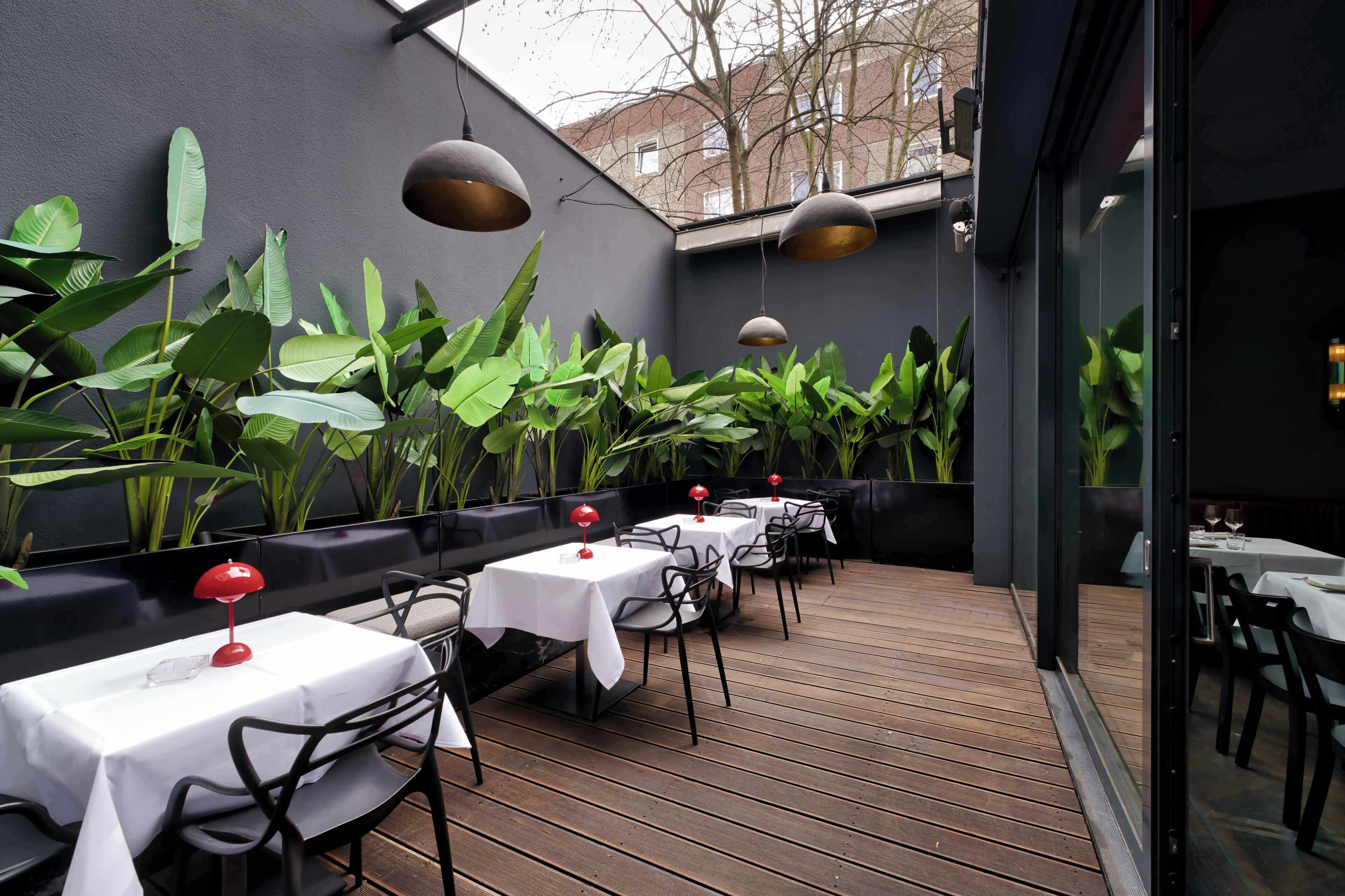 Un área de comedor al aire libre con mesas y sillas, rodeada de plantas grandes y lámparas colgantes.