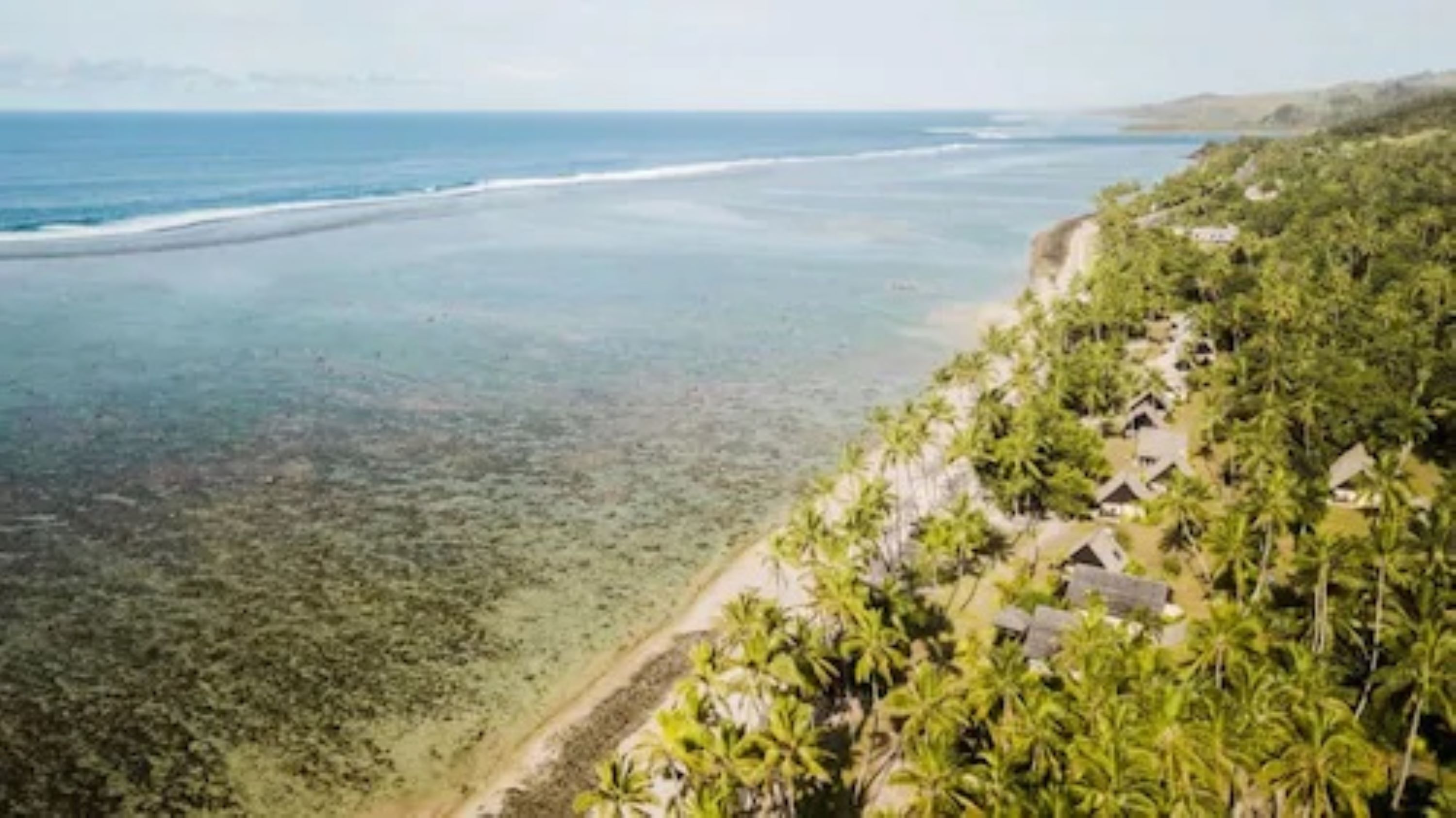 Zona costera con playa, palmeras y algunas edificaciones en un acantilado.