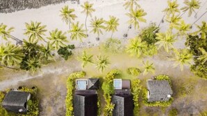 Vista aérea de un complejo turístico con palmeras, una playa y varios edificios de estilos arquitectónicos diferentes.