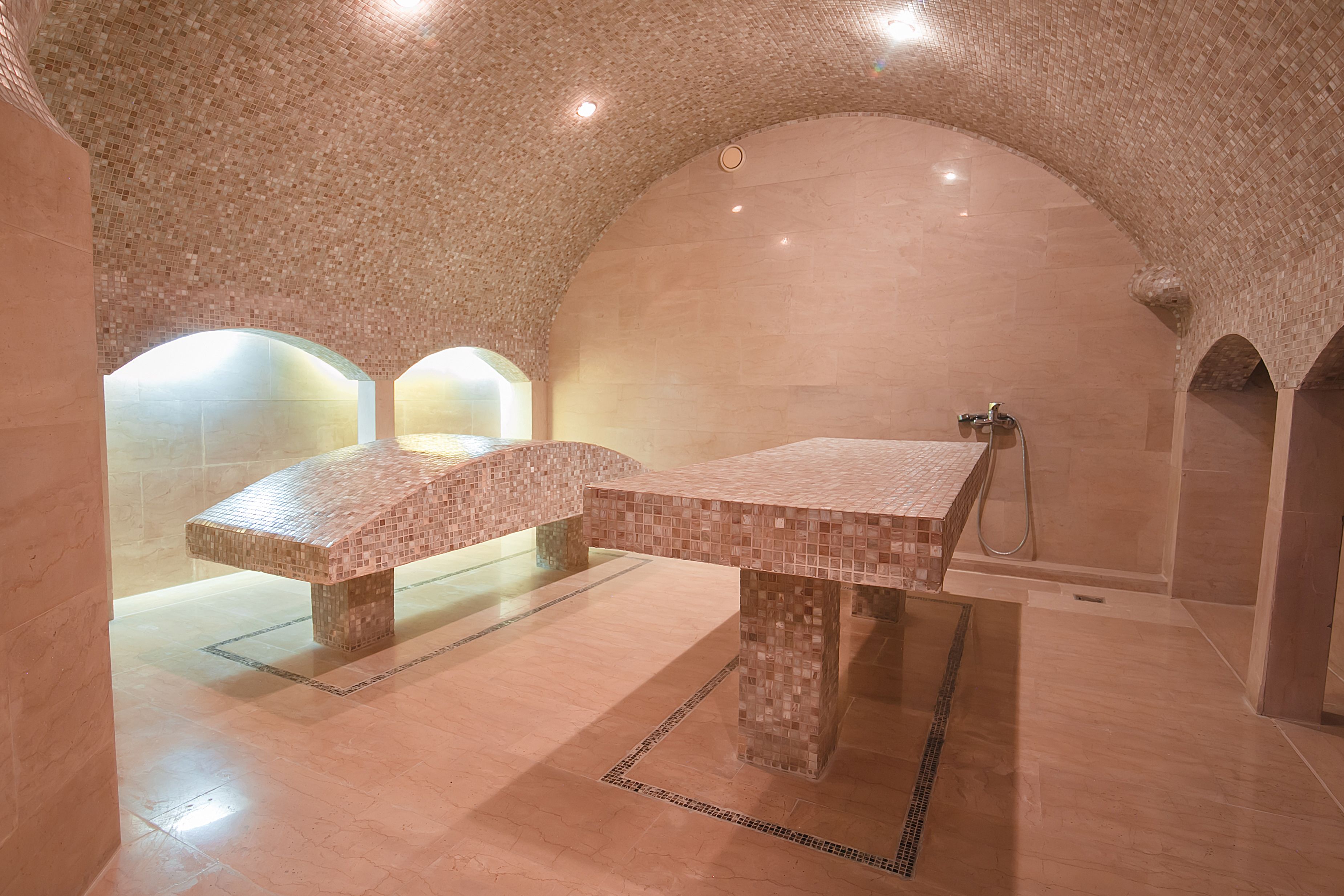A spa room with mosaic-tiled benches and a shower area.