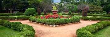 A well-manicured garden with a central flower bed, neatly trimmed hedges, and a variety of trees in the background.