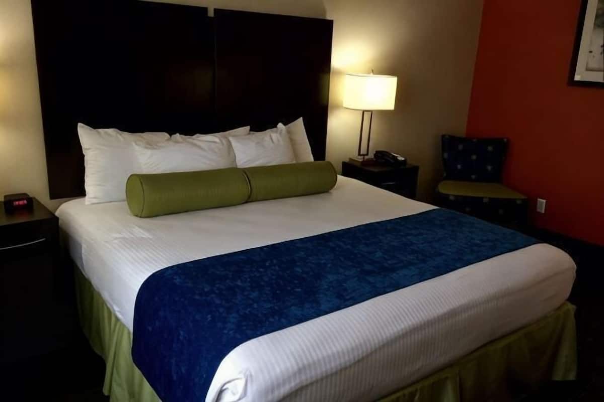 Een hotelkamer met een groot bed, een nachtkastje met lamp en een stoel.