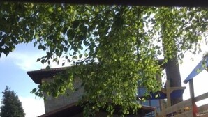 A playground with a blue slide and a wooden climbing structure, set against a house with a stone facade and a large tree providing shade. - Hotel Marfrei (Suances)