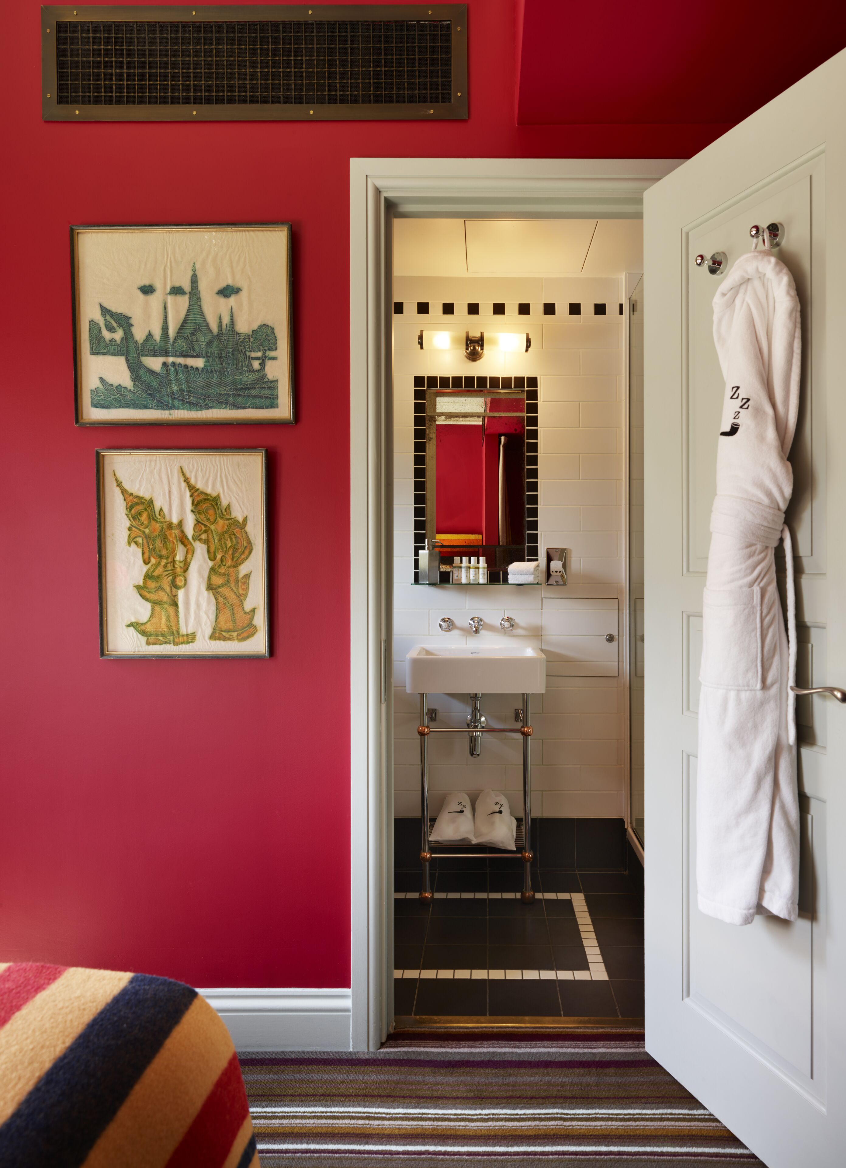 designer toiletries, hair dryer, dressing gowns, slippers