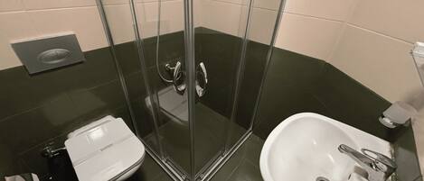 A bathroom with a glass-enclosed shower, a toilet, and a sink.