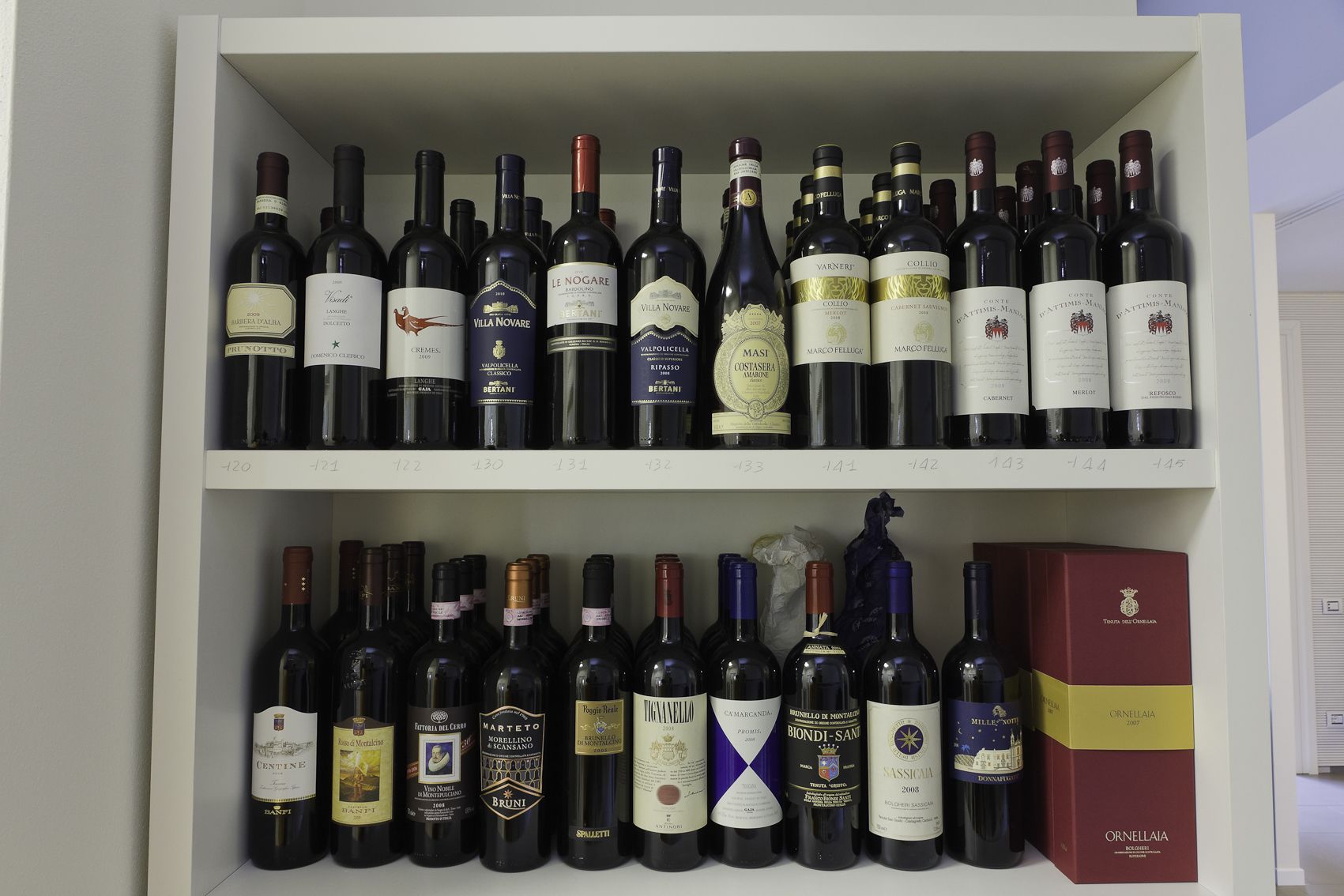 Two shelves of wine bottles in a wine cellar.