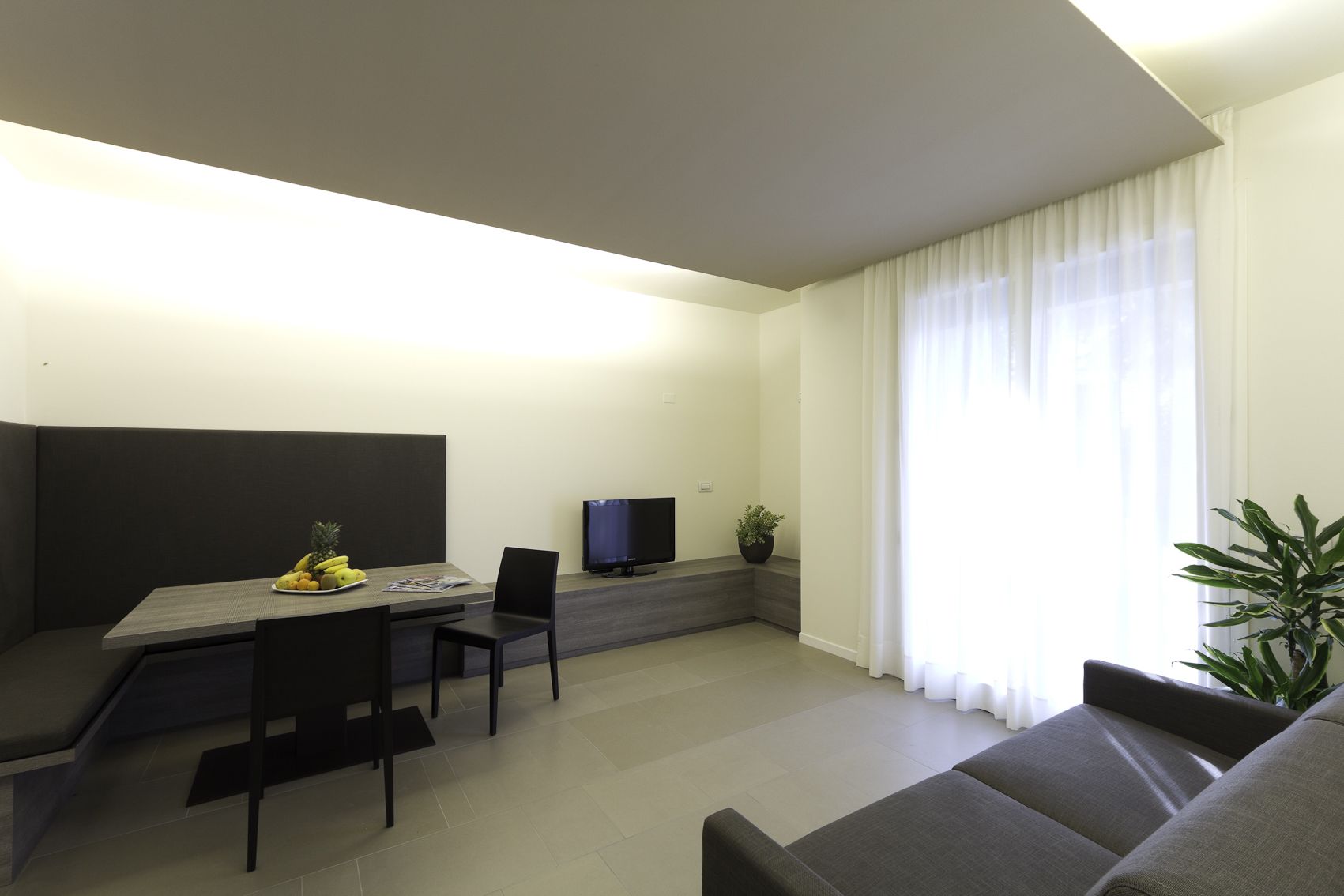 A modern living room with a sofa, a dining table with chairs, a flat-screen TV, and a potted plant.
