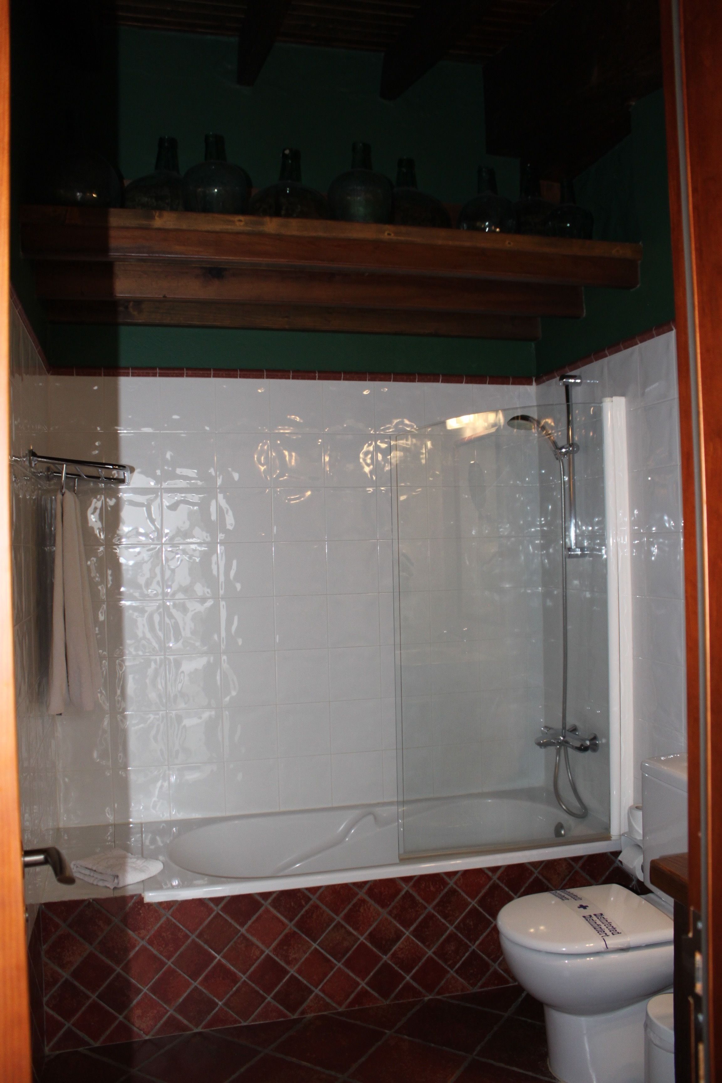 Un baño con ducha compartimentada por vidrio, un inodoro y un lavamanos.