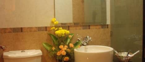 Un baño con inodoro, lavamanos y espejo.