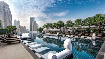 Outdoor pool, pool umbrellas, pool loungers
