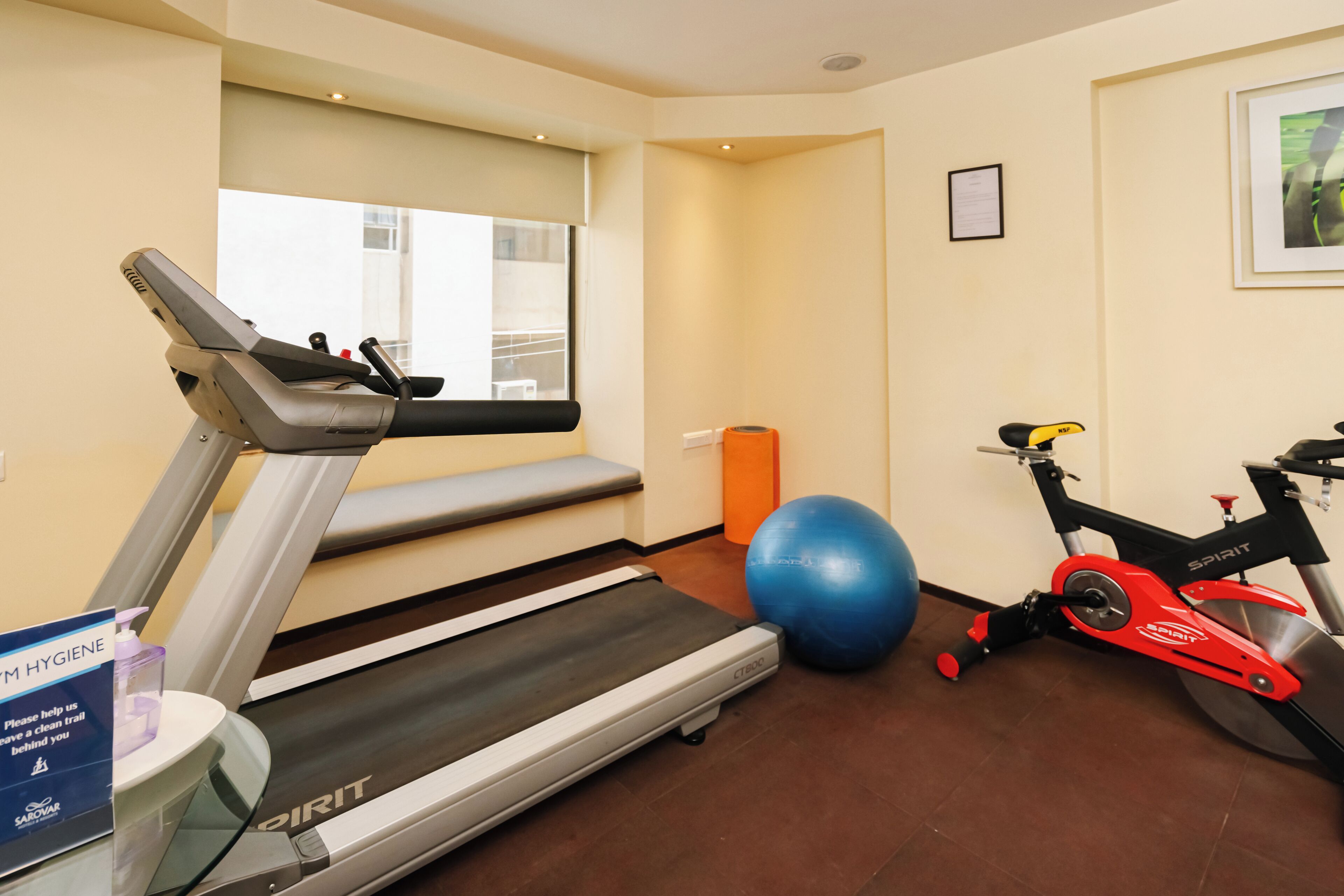 A gym with a treadmill, stationary bike, and exercise ball.
