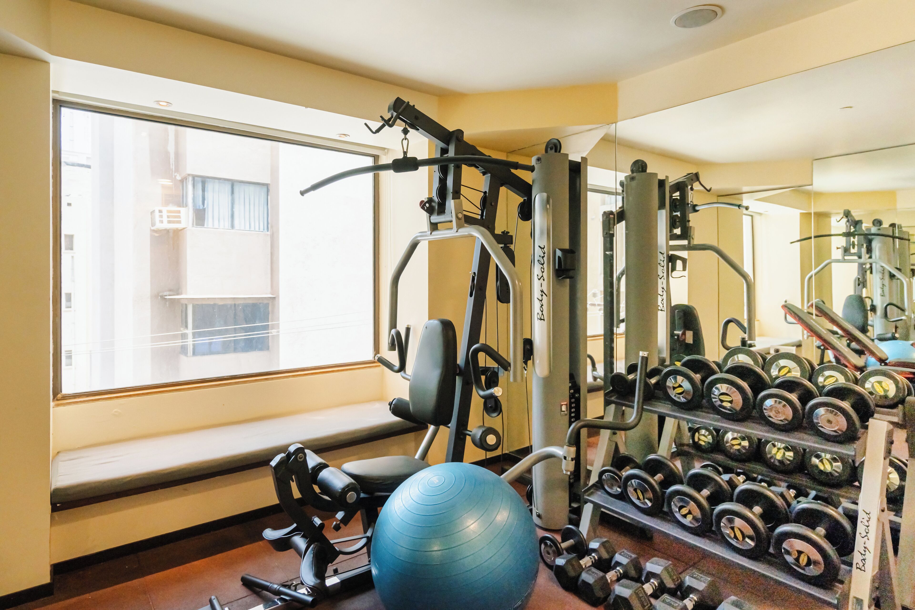 Un gimnasio con equipo de ejercicio, una pelota grande para hacer ejercicio y un estante con mancuernas.