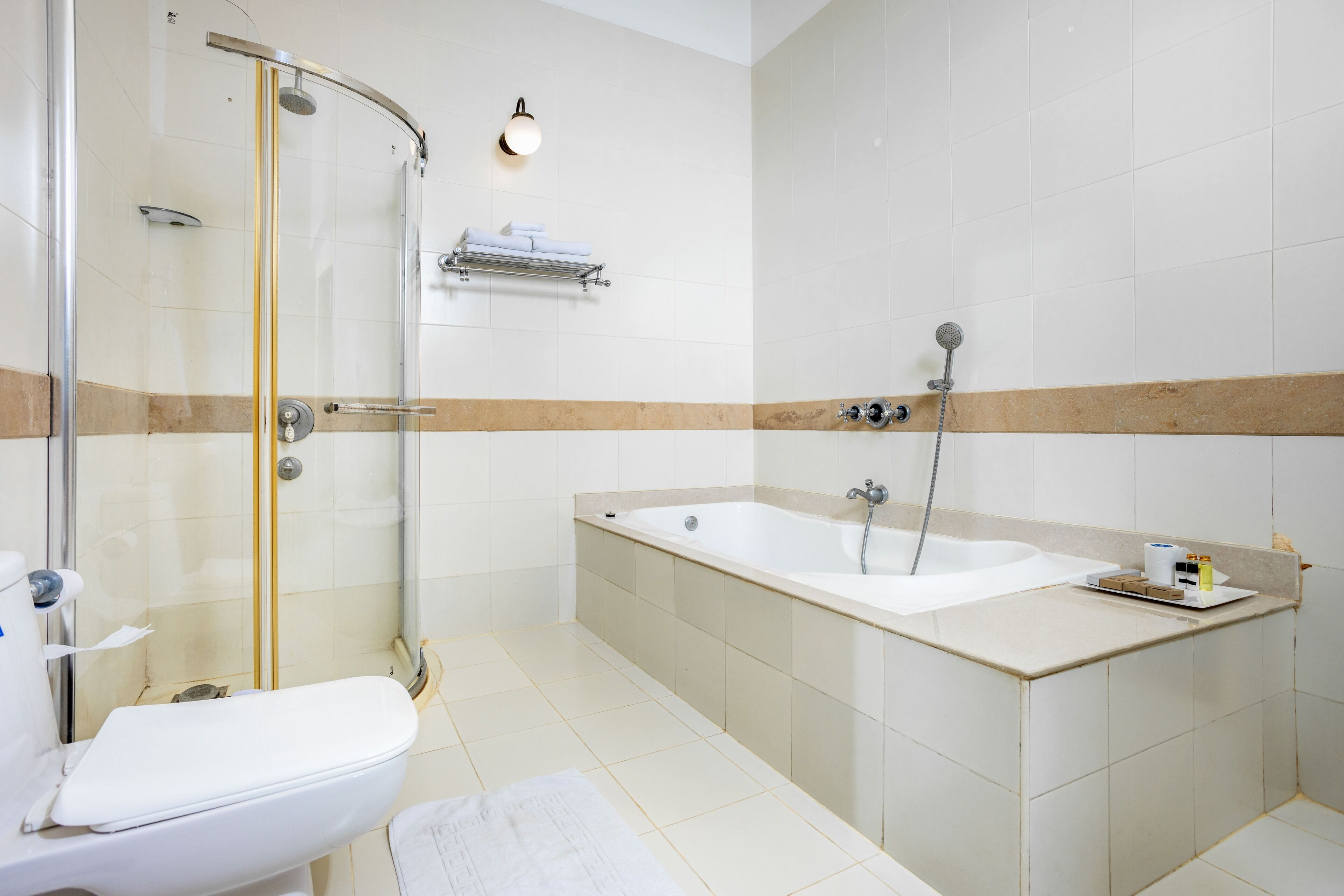 A modern bathroom with a glass-enclosed shower, a bathtub, and a toilet.