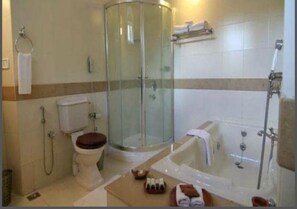 Separat badekar og bruser, gratis toiletartikler, hårtørrer, håndklæder