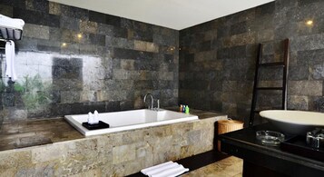 Combined shower/tub, free toiletries, hair dryer, bathrobes